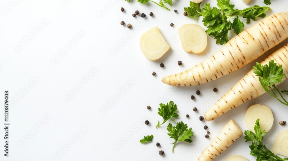 Aufkleber parsnip root and sliced pieces arranged with fresh parsley and peppercorns on a clean white backgrou