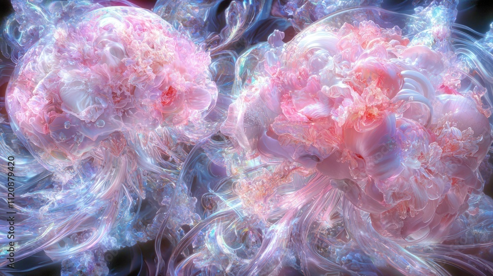 Poster abstract representation of jellyfish-like forms with vibrant colors and intricate details.