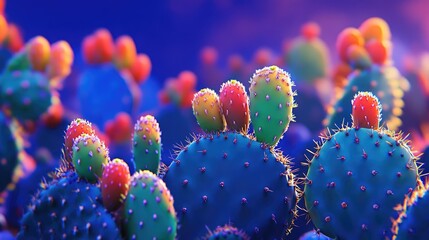Vibrant prickly pear cactus plants showcasing colorful fruit and spines under soft lighting in a desert landscape.