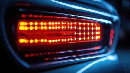 Obraz premium Modern car rear LED brake taillight showcasing red stop lighting and ambient illumination with decorative ABS plastic frame design