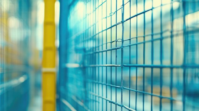 Construction site safety netting with metal frame close-up showcasing plastic mesh and scaffolding, highlighting durability and security.