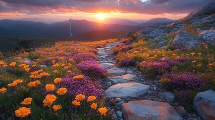 Fototapeta premium Serene Landscape at Sunset with Colorful Wildflowers and Rocky Pathway Leading to Wind Turbine in the Distance, Capturing Nature's Beauty and Tranquility