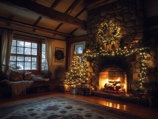 Cozy Christmas Fireplace Scene With Decorated Trees