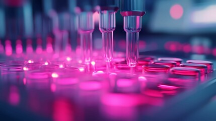 A close-up view of laboratory equipment with pipettes dispensing liquid into plates, illuminated by vibrant pink lighting, showcasing a high-tech scientific environment.