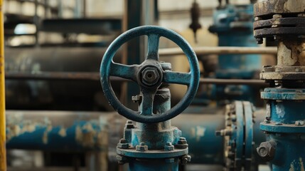 Hand-operated valve on an industrial pipe in oil refining facilities showcasing equipment for water pumping and resource management.