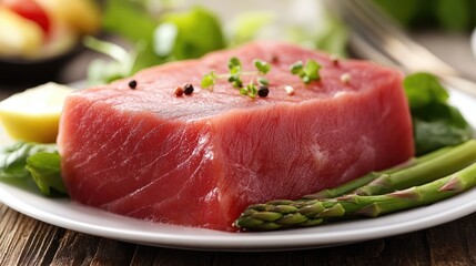 Fresh raw tuna steak elegantly plated with asparagus and salad on a wooden table setting