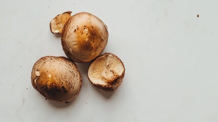 Obraz premium Fresh porcini mushrooms arranged on a clean white surface, showcasing their rich brown caps and distinctive gills, food photography, culinary use, ingredients for recipes.