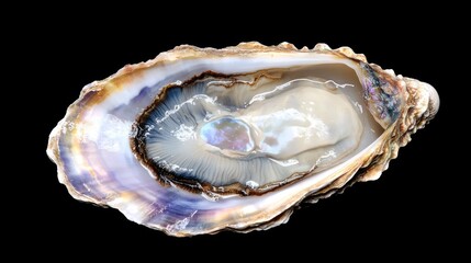 Close-up of an open oyster shell with a lustrous pearl nestled inside, set against a deep black background, highlighting textures and colors, elegance, nature, marine life, luxury.