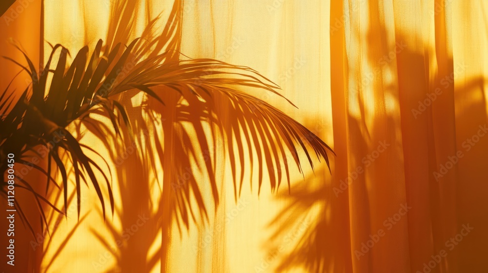 Poster golden hour light casting palm tree shadows on sheer drapes creating a warm and tranquil atmosphere 