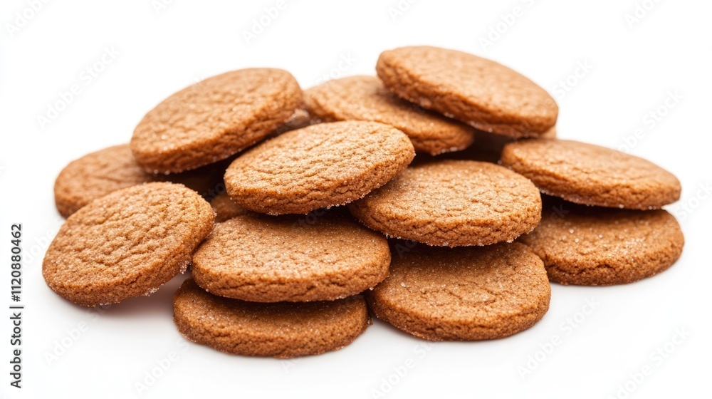 Poster gingerbread cookies stacked artistically on a white background showcasing their texture and color in