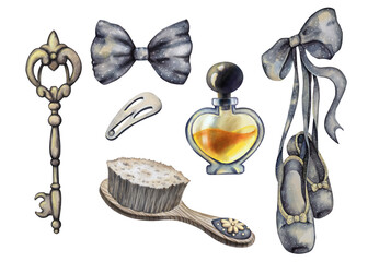 Elegant set of accessories. Key, bow, hairbrush, hair clip, perfume, ballet slippers. Perfect for fashion and beauty branding, salon decor, vintage-themed greeting cards and stylish book illustrations © Лариса Хамукова