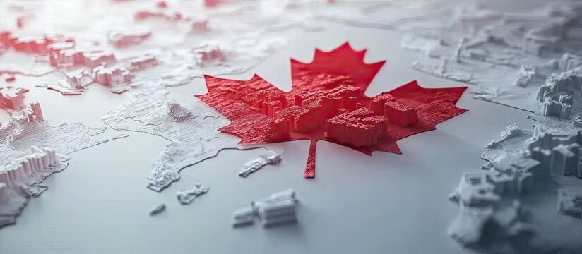 3D map showing Canada as a textured red maple leaf.