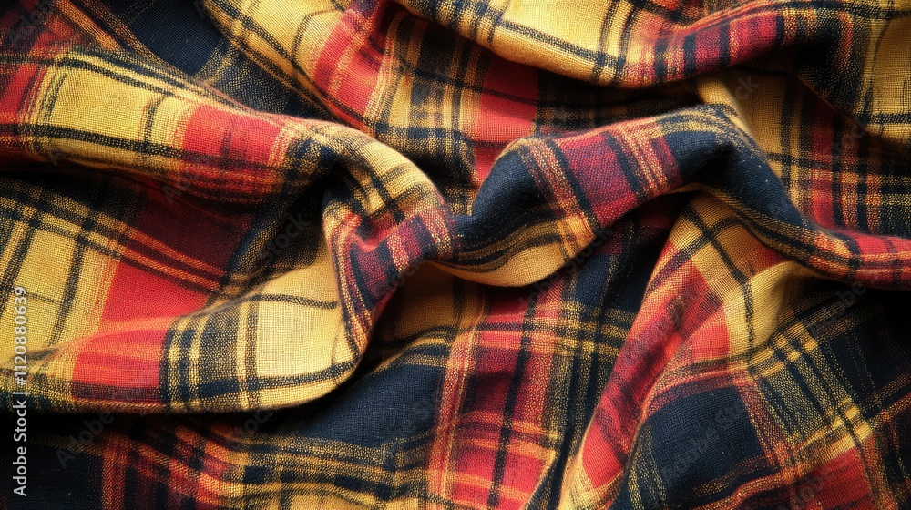 Poster plaid fabric texture featuring vibrant red and yellow hues with soft folds for background and design