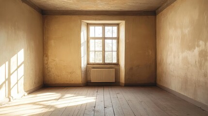 Empty vintage room interior with natural light through window showcasing old walls and wooden floor in historic housing stock setting