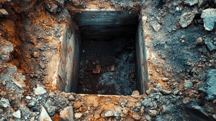 Excavated pit for drainage with rocky soil and wooden supports in construction site showing earthworks and foundation preparation.