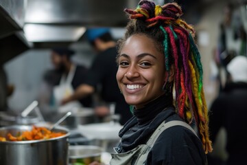 Young woman with colorful dreadlocks helping in shelter kitchen