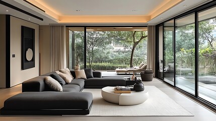 A contemporary living room with a black modular sofa, a sleek white coffee table, and large glass walls overlooking a peaceful garden.