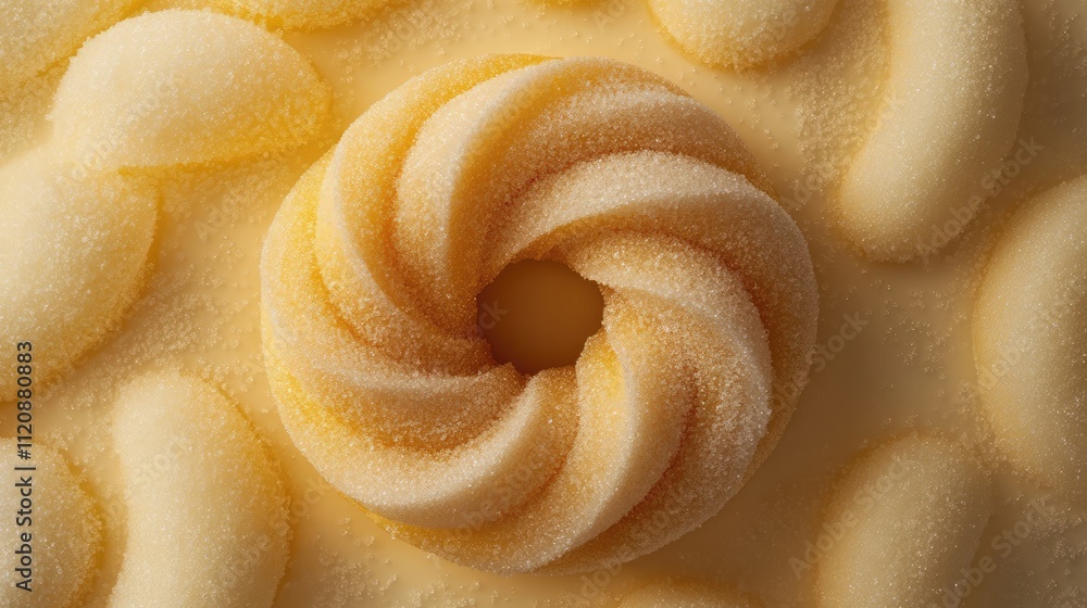 Poster overhead view of a sugar-coated twist donut surrounded by sugary sweets creating a delightful desser