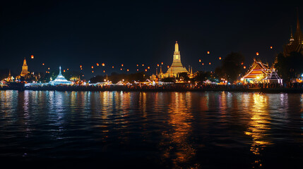 Obraz premium Wat Arun Light Festival, the night view of the magnificent Wat Arun temple illuminated by thousands of colorful lights, Ai generated images