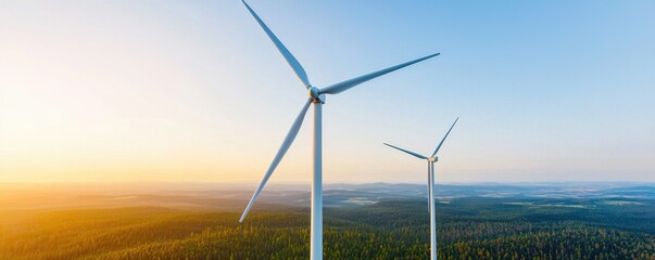 Wind turbines in scenic landscape at sunset, showcasing renewable energy. serene environment highlights importance of sustainable practices