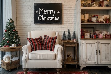 White armchair with red and black checkered pillows, Christmas decorations, "Merry Christmas" chalk message, and festive home decor in cozy room.