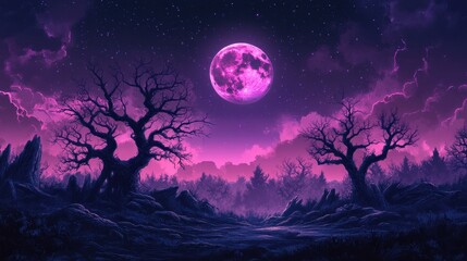 Pink moon above a dark forest, bare trees, starry night. Perfect for fantasy, Halloween, or mystical themes; evokes mystery and wonder.