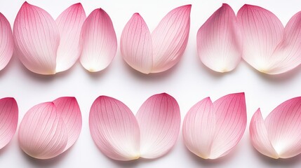 Delicate pink lotus petals arranged in a symmetrical pattern against a clean white background, natural beauty, floral design, minimalistic style, botanic elements.