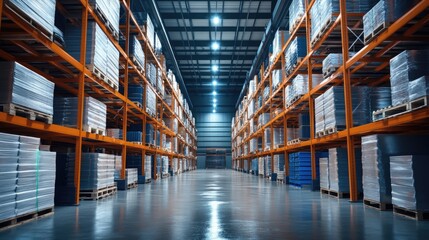 Warehouse interior featuring neatly stacked PVC pipes on pallets in a well-organized storage facility with bright overhead lighting.