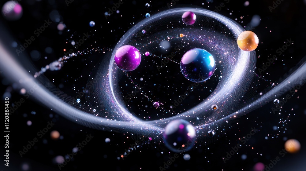 Poster abstract representation of cosmic elements and particles in space.