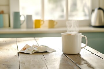 A steaming cup of tea sits on an old wooden table, surrounded by tea bags and coffee mugs in the kitchen with morning sunlight streaming through the windows. The background is blurred