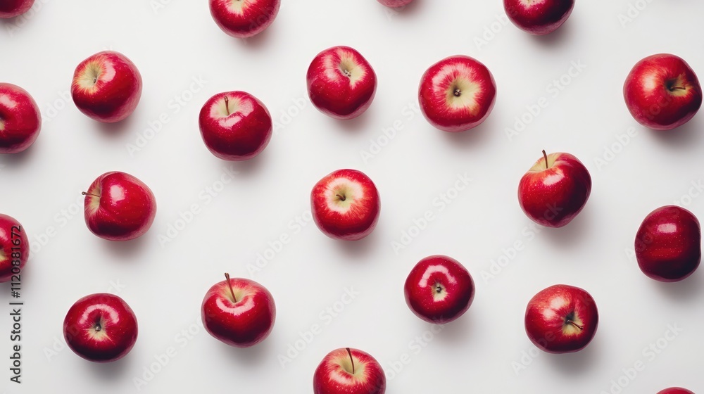 Poster fresh red apples arranged in a visually appealing pattern on a clean white background for food and h