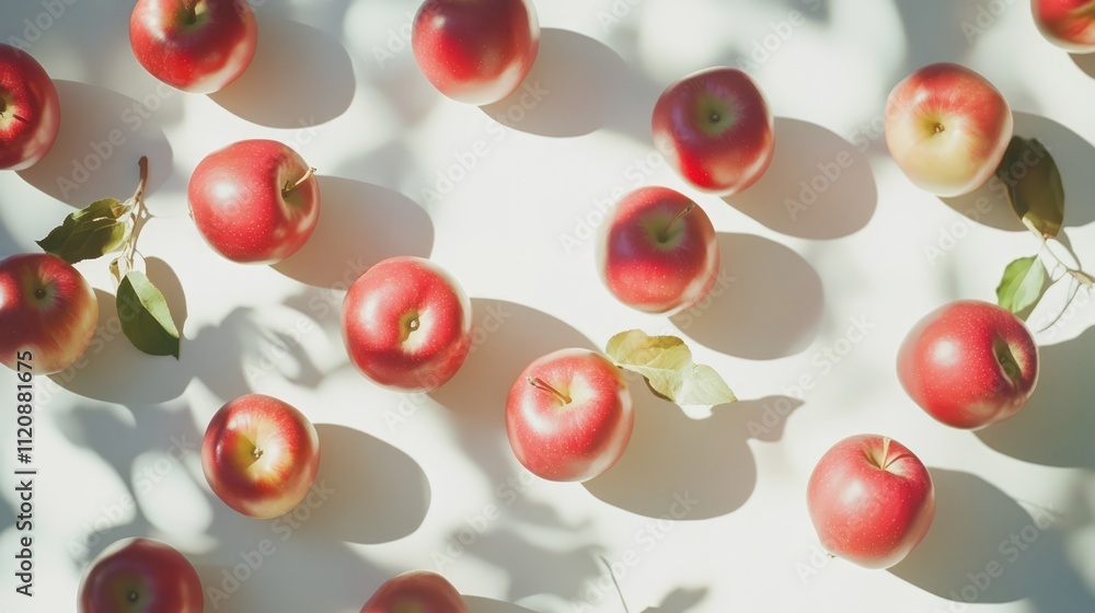 Aufkleber red apples scattered on a bright surface with soft shadows and natural foliage accents creating a fr