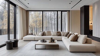 A contemporary minimalist living room with a white sectional sofa, smooth white walls, and expansive glass panels offering an unobstructed view of a tranquil forest.