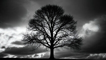 Solitary tree stands against a dramatic cloudy sky during twilight in a barren landscape