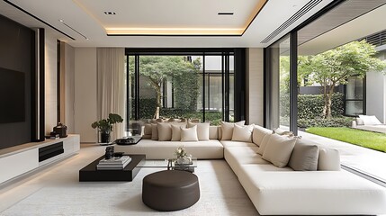 Fototapeta premium A minimalist, airy living room featuring a white sectional sofa, subtle wooden accents, and oversized glass walls opening to a lush green courtyard. The sunlight streams in,