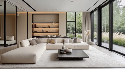 A minimalist interior with a beige sectional sofa, streamlined open shelving, and an expansive glass wall showcasing a vibrant meadow. The clean design is complemented by the natural light,