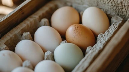 Assorted fresh eggs in a wooden tray highlighting the diversity of poultry farm production and natural farm living.