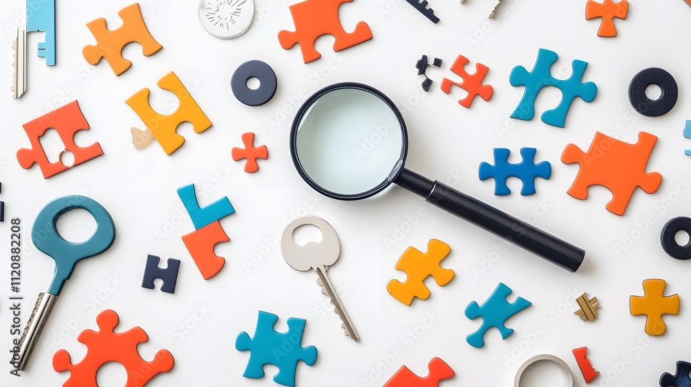 Poster a flat lay of a magnifying glass, puzzle pieces, and key icons arranged to represent problem-solving