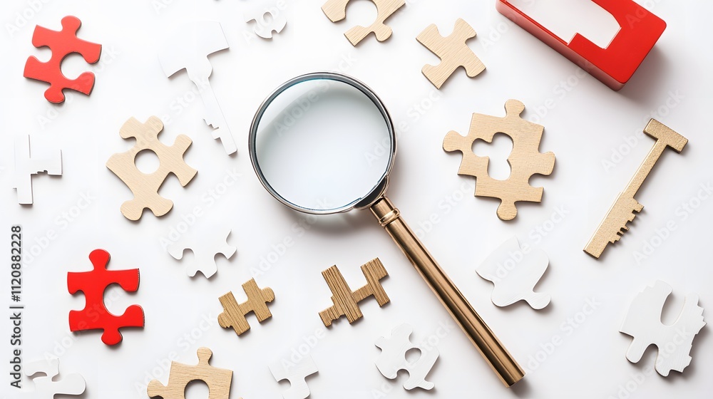 Poster a flat lay of a magnifying glass, puzzle pieces, and key icons arranged to represent problem-solving