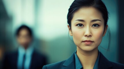 Naklejka premium Confident Chinese business woman with serious expression against blurred colleague in professional urban setting.