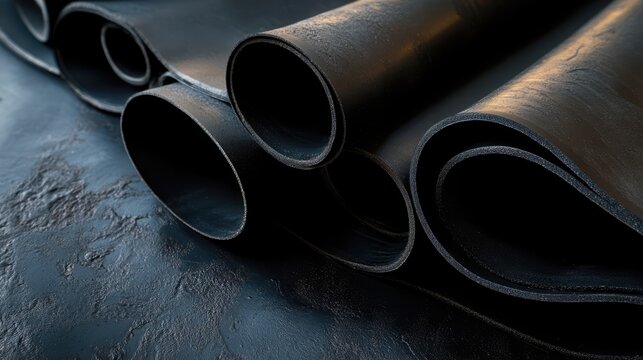 Industrial raw rubber sheets stacked for manufacturing and material processing applications.