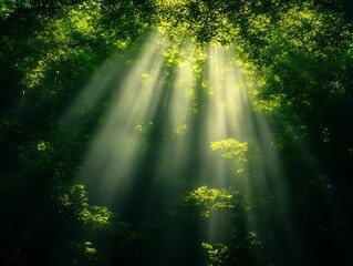 Obraz premium Sunbeams Illuminate Lush Green Forest Canopy