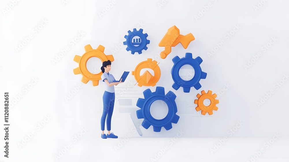 Poster a dynamic layout of gears, cogs, and workflow icons symbolizing efficiency and operations. white bac