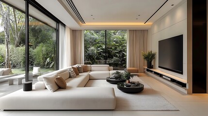 A sleek living room design featuring a low-profile white sectional sofa, stark white walls, and floor-to-ceiling glass panels framing a vibrant tropical garden. Sunlight streams in,