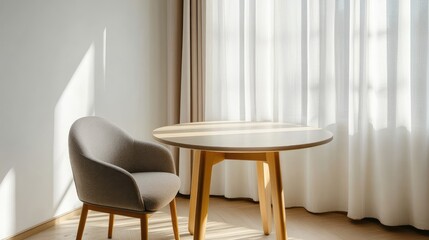 Modern interior with a stylish empty frame mockup on a table beside a cozy chair and sheer curtains in soft light