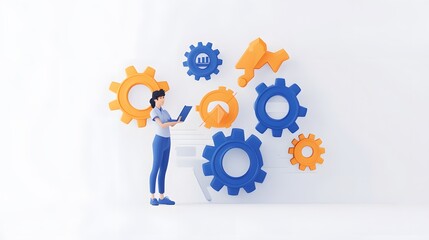 A dynamic layout of gears, cogs, and workflow icons symbolizing efficiency and operations. White background. No shadow