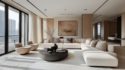 A sleek, minimalist living room with a white sectional sofa, abstract artwork on the walls, and an open view of the outdoors through massive glass panels.