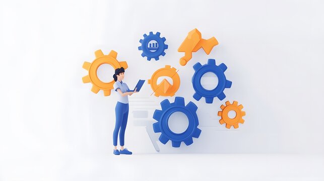 A dynamic layout of gears, cogs, and workflow icons symbolizing efficiency and operations. White background. No shadow