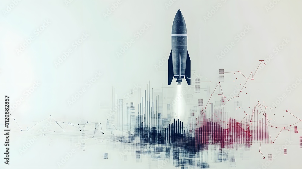 Poster A creative depiction of a rocket icon, graphs, and upward-moving lines symbolizing business growth and launch. White background. No shadow