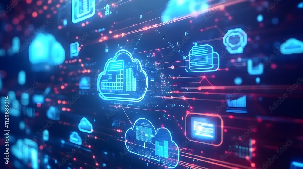 Poster a display of digital screens, laptop icons, and cloud symbols signifying modern business tools and t